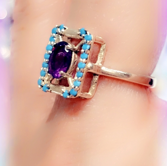 Turquoise & Amethyst Sterling Silver  Gemstone Ring - Picture 3 of 3